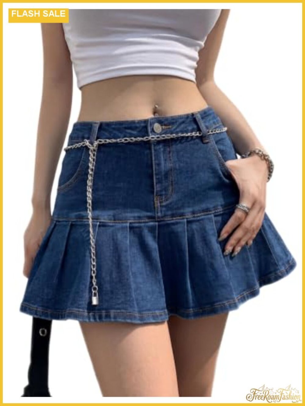 Denim Mini Skort A-Line Ruffle Pleated Jean Skirt Built-in Shorts Casual Y2K